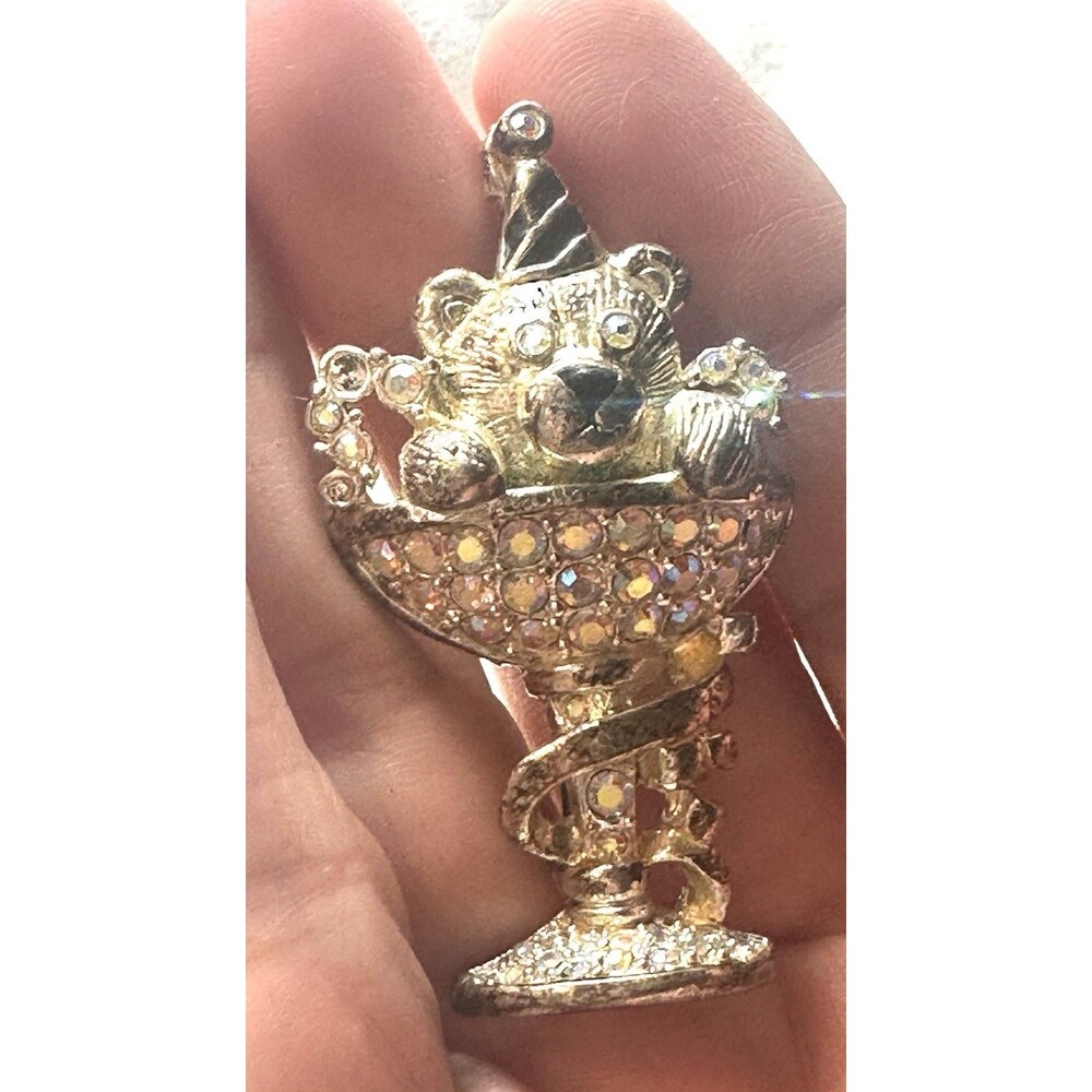 Vintage Teddy Bear Sundae Brooch AB Rhinestone Novelty Pin Gold Tone